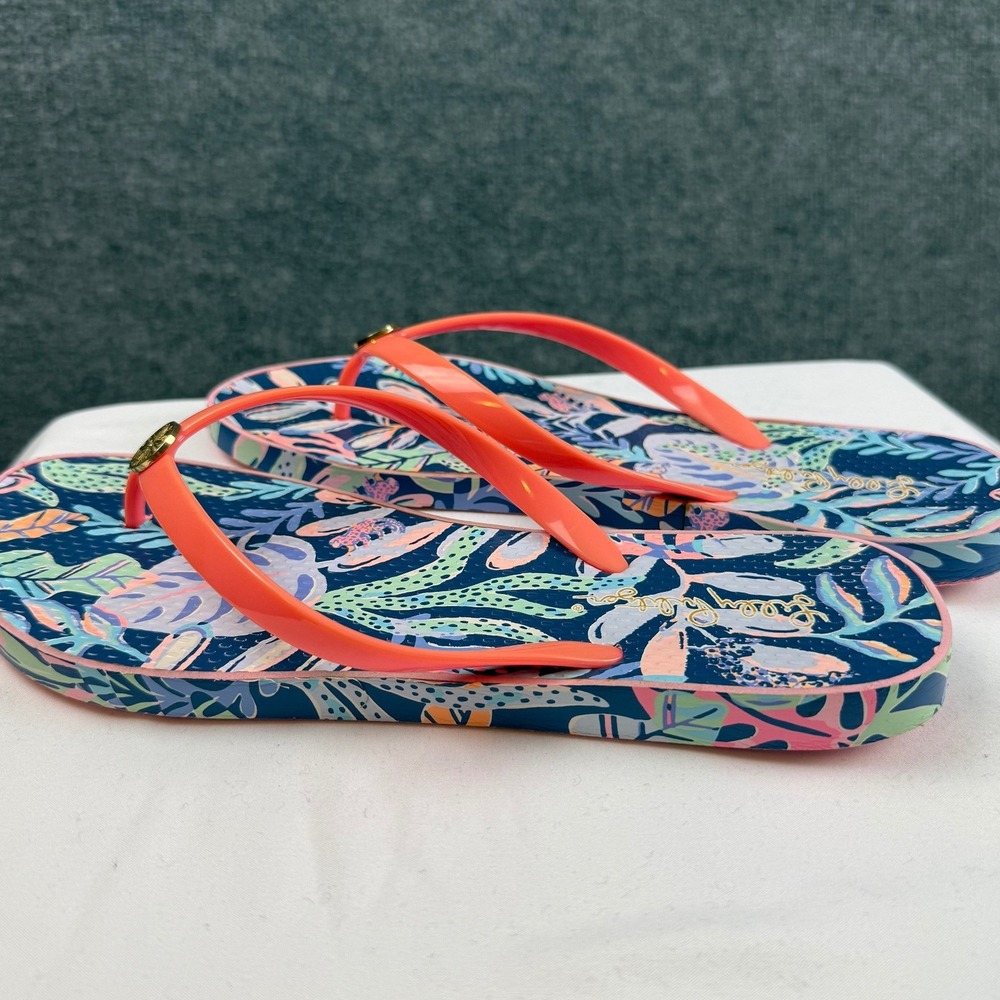 Lilly Pulitzer Women Navy Pink Tropical Floral Flip Flops Thong Sandal Sz 11